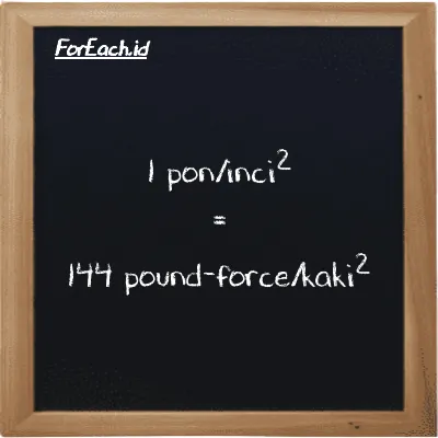 1 pon/inci<sup>2</sup> setara dengan 144 pound-force/kaki<sup>2</sup> (1 psi setara dengan 144 lbf/ft<sup>2</sup>)
